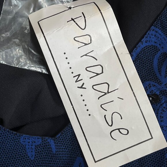 Vtg Paradise NY Blue Lace Look Maxi Dress Bias Cut Ruffle Sleeves Sequin Lined L - Picture 9 of 9